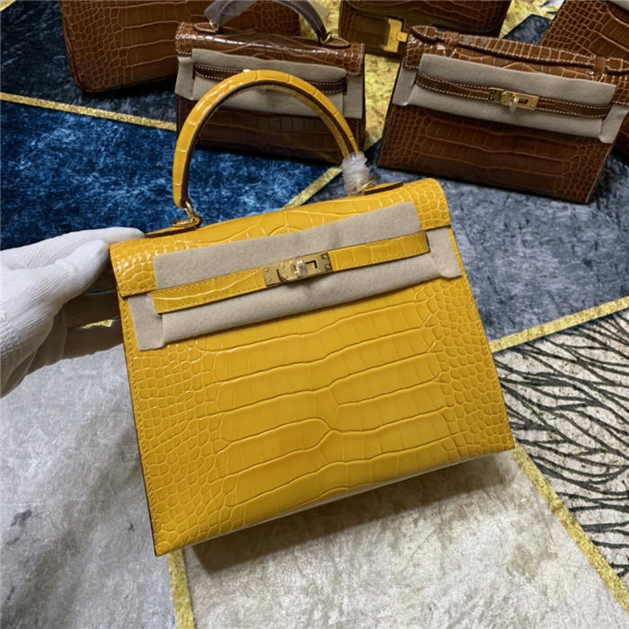 Hermes Kelly 25cm Sellier Bag Embossed Crocodile Leather In Yellow High