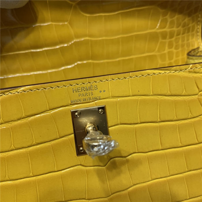 Hermes Kelly 25cm Sellier Bag Embossed Crocodile Leather In Yellow High