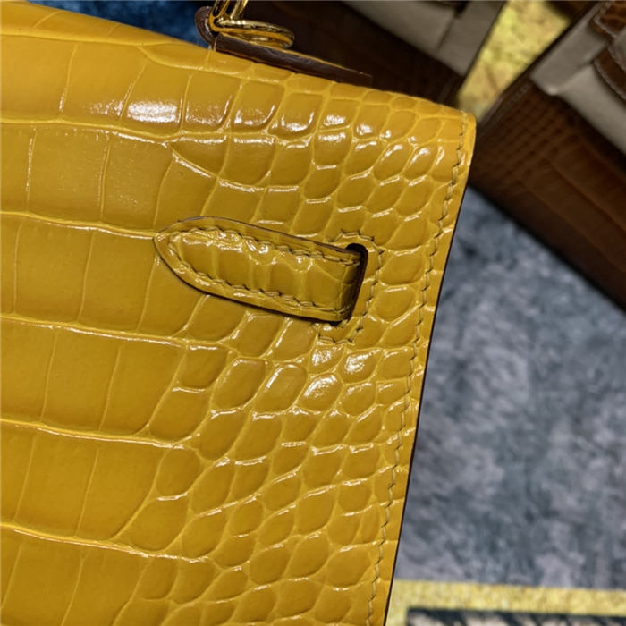 Hermes Kelly 25cm Sellier Bag Embossed Crocodile Leather In Yellow High