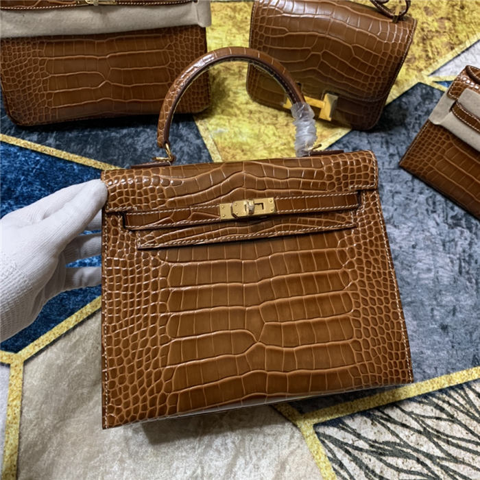 Hermes Kelly 25cm Sellier Bag Embossed Crocodile Leather In Caramel High