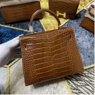 Hermes Kelly 25cm Sellier Bag Embossed Crocodile Leather In Caramel High