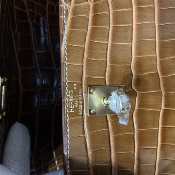 Hermes Kelly 25cm Sellier Bag Embossed Crocodile Leather In Caramel High