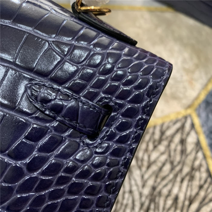 Hermes Kelly 25cm Sellier Bag Embossed Crocodile Leather In Navy High