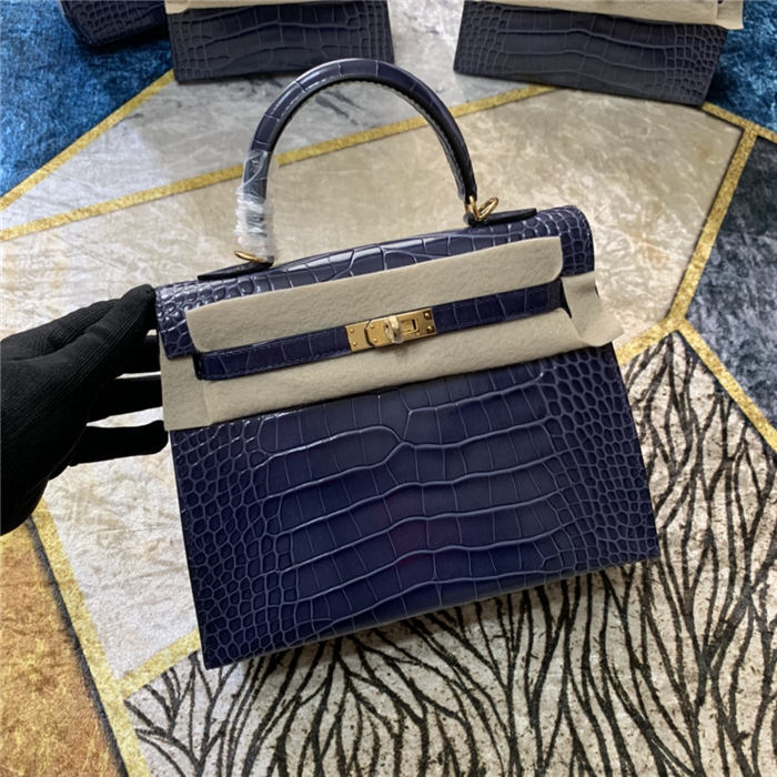 Hermes Kelly 25cm Sellier Bag Embossed Crocodile Leather In Navy High