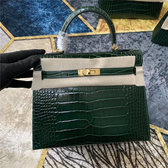 Hermes Kelly 25cm Sellier Bag Embossed Crocodile Leather In Olive High