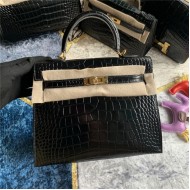 Hermes Kelly 25cm Sellier Bag Embossed Crocodile Leather In Black High