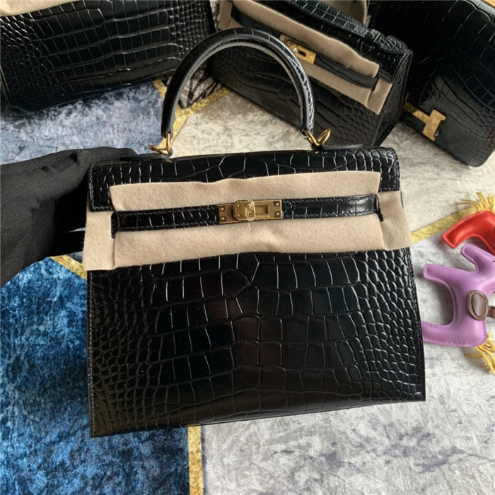 Hermes Kelly 25cm Sellier Bag Embossed Crocodile Leather In Black High