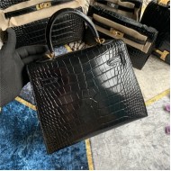 Hermes Kelly 25cm Sellier Bag Embossed Crocodile Leather In Black High