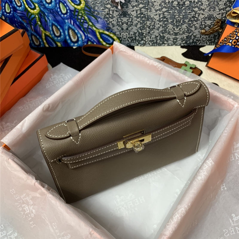 Hermes Kelly Pochette Bag Epsom Leather Silver/Gold Metal WAX High