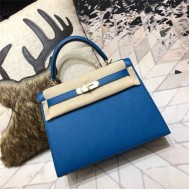 Hermes Kelly 25/28cm Sellier Bag Epsom Leather Silver/Gold Metal In Royal Blue WAX High