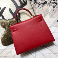 Hermes Kelly 25/28cm Sellier Bag Epsom Leather Silver/Gold Metal In Red WAX High