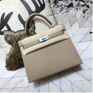 Hermes Kelly 25/28cm Sellier Bag Epsom Leather Silver/Gold Metal In Tourterelle WAX High