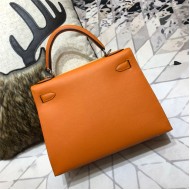 Hermes Kelly 25/28cm Sellier Bag Epsom Leather Silver/Gold Metal In Orange WAX High