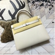 Hermes Kelly 25/28cm Sellier Bag Epsom Leather Silver/Gold Metal In Cream WAX High