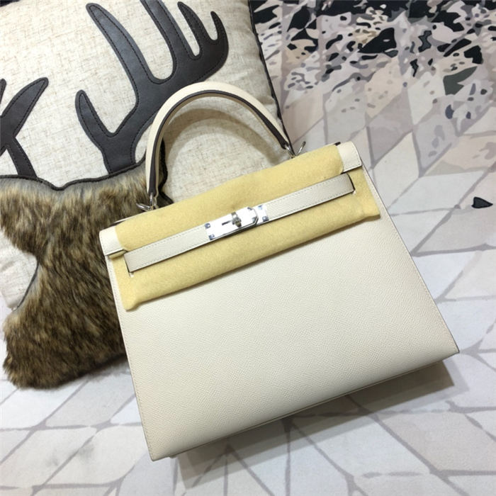 Hermes Kelly 25/28cm Sellier Bag Epsom Leather Silver/Gold Metal In Cream WAX High