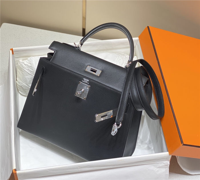 Hermes Kelly 25/28cm Sellier Bag Epsom Leather Silver/Gold Metal In Black-Silver High