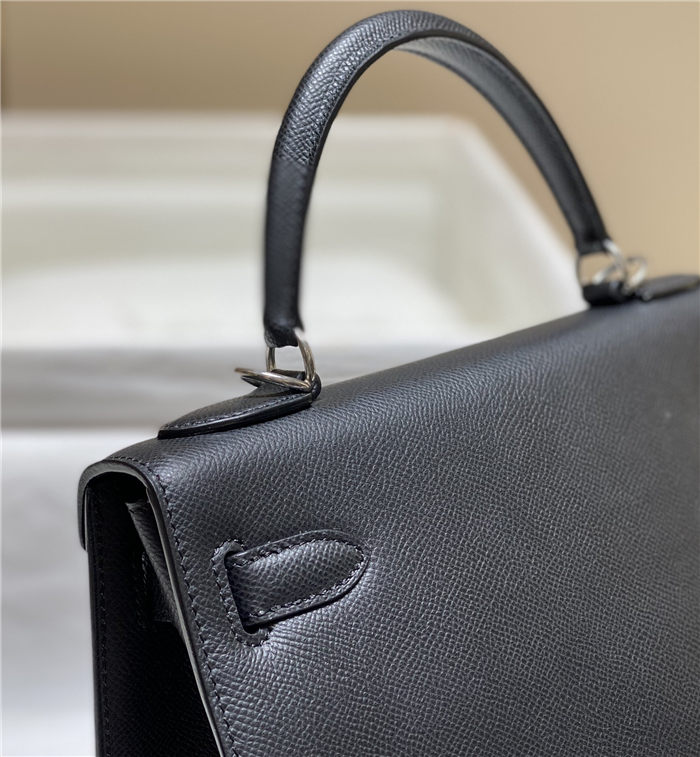 Hermes Kelly 25/28cm Sellier Bag Epsom Leather Silver/Gold Metal In Black-Silver High