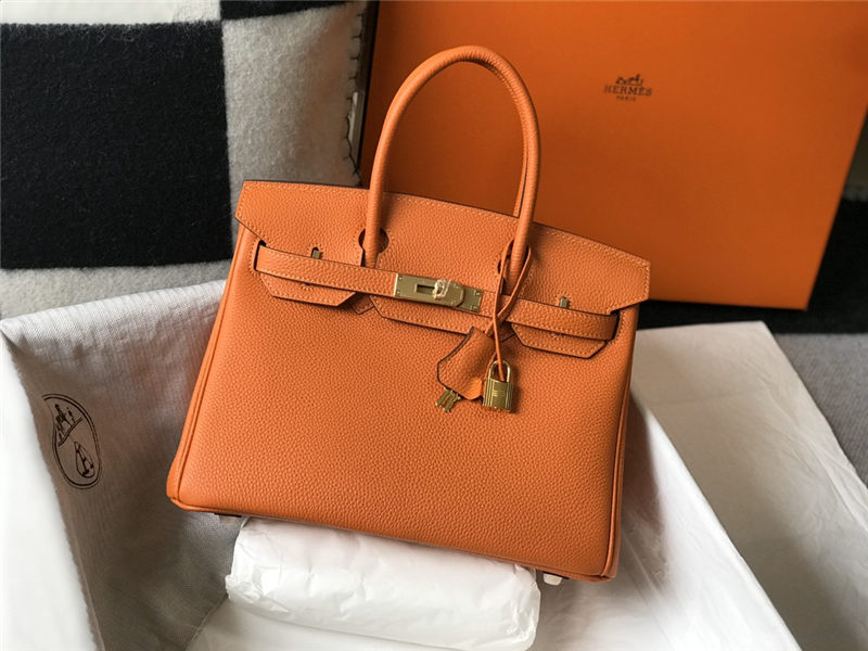 Hermes Birkin 25/30/35cm Bag Calfskin Silver/Gold Metal In Orange High