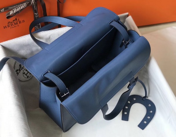 Hermes Halzan 31cm Bag Clemence Leather WAX In Blue Agate High