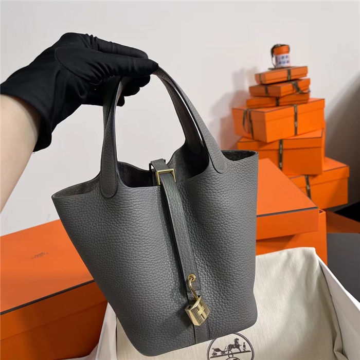 Hermes Picotin Lock 18/22 Bag Togo Leather In Gris Meyer-Gold WAX High