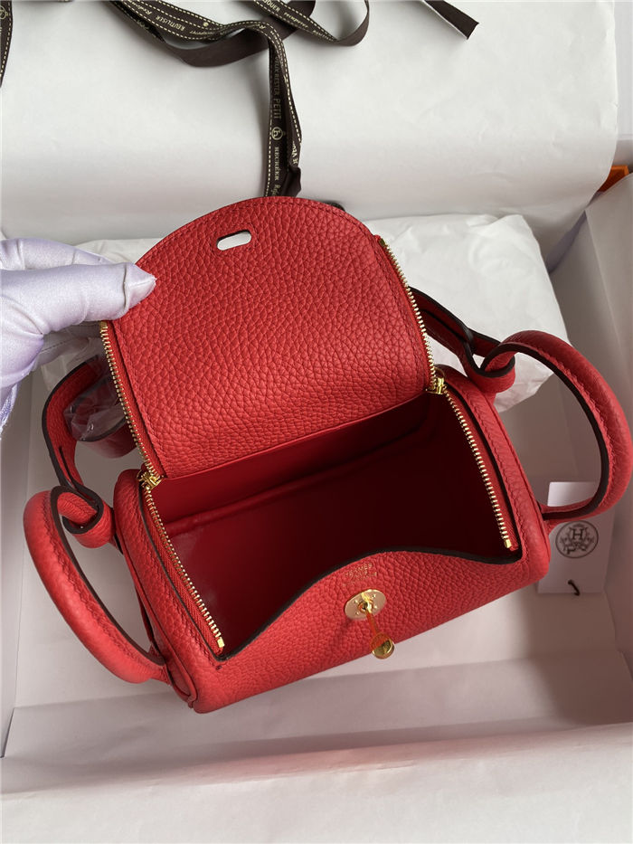 Hermes Lindy Mini Bag Clemence Leather In Red WAX High