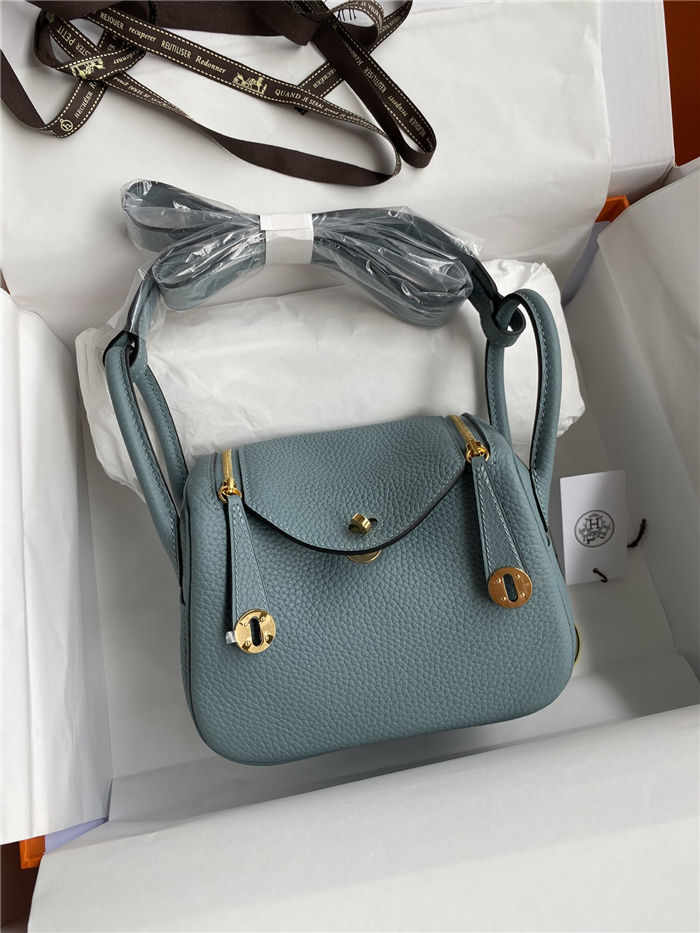 Hermes Lindy Mini Bag Clemence Leather In Grey-Blue WAX High