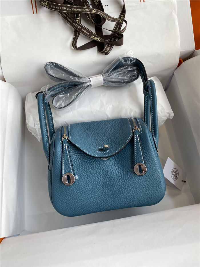 Hermes Lindy Mini Bag Clemence Leather In Denim Blue WAX High