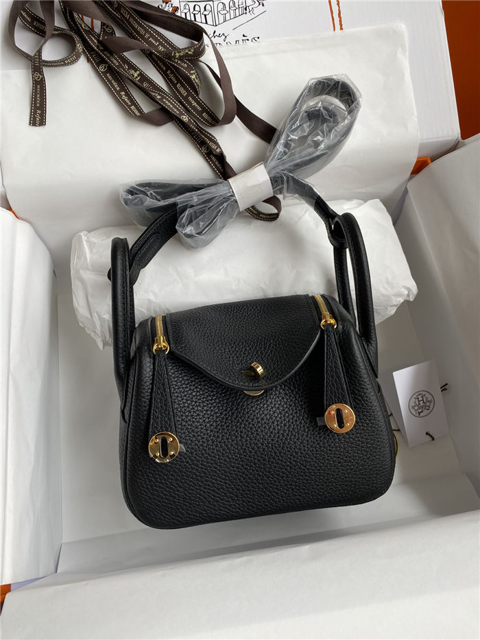 Hermes Lindy Mini Bag Clemence Leather In Black WAX High