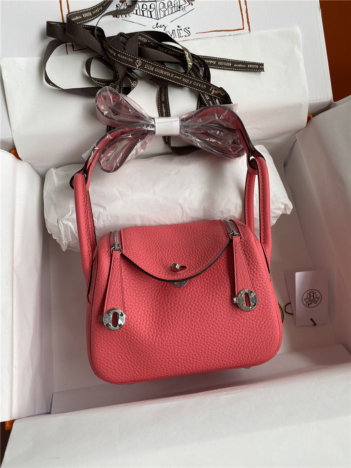 Hermes Lindy Mini Bag Clemence Leather In Rose Red WAX High