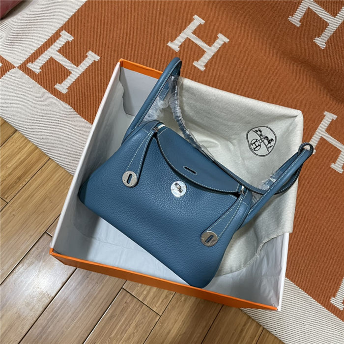 Hermes Lindy 26/30cm Bag Clemence Leather In Denim Blue Silver-Metal WAX High