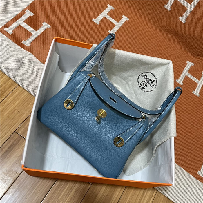 Hermes Lindy 26/30cm Bag Clemence Leather In Denim Blue Gold-Metal WAX High