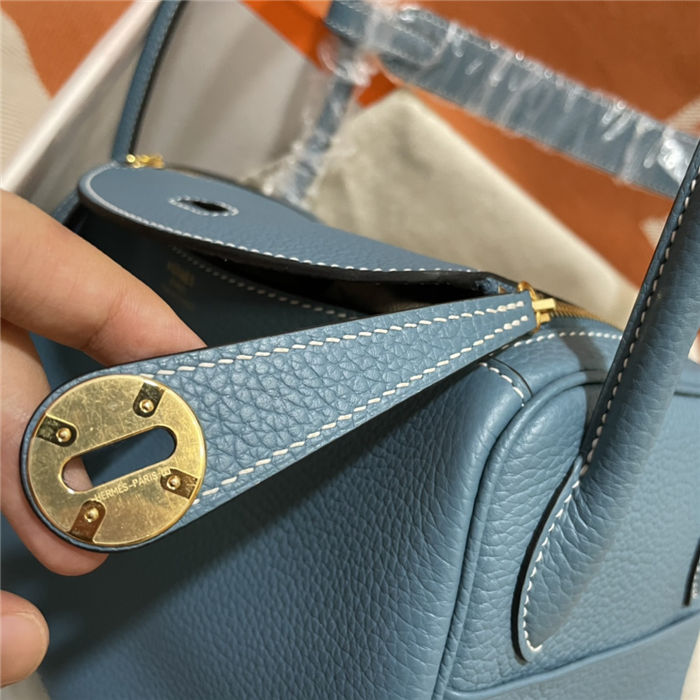 Hermes Lindy 26/30cm Bag Clemence Leather In Denim Blue Gold-Metal WAX High