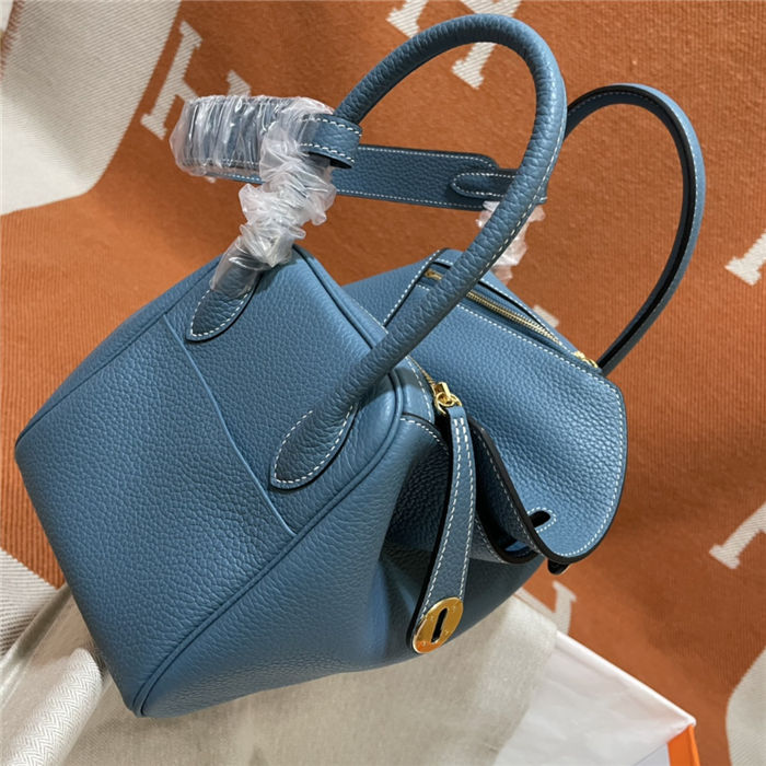 Hermes Lindy 26/30cm Bag Clemence Leather In Denim Blue Gold-Metal WAX High