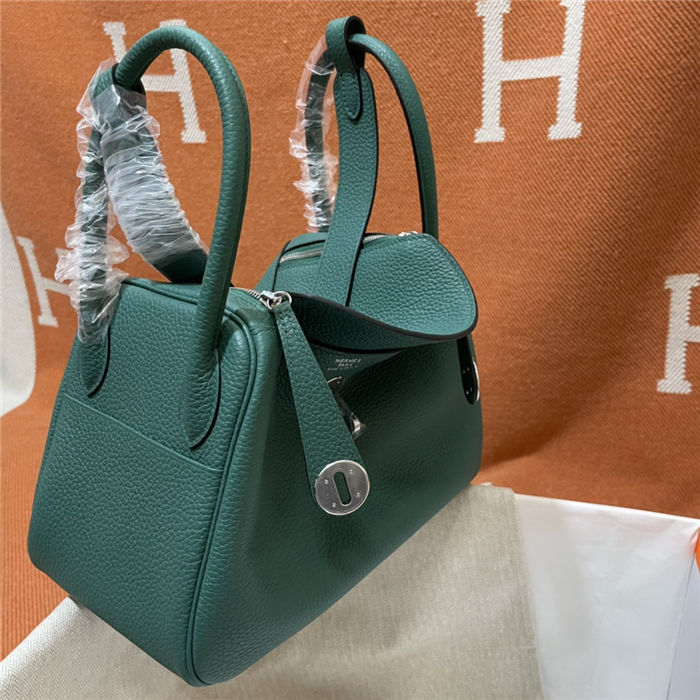 Hermes Lindy 26/30cm Bag Clemence Leather In Olive Silver-Metal WAX High