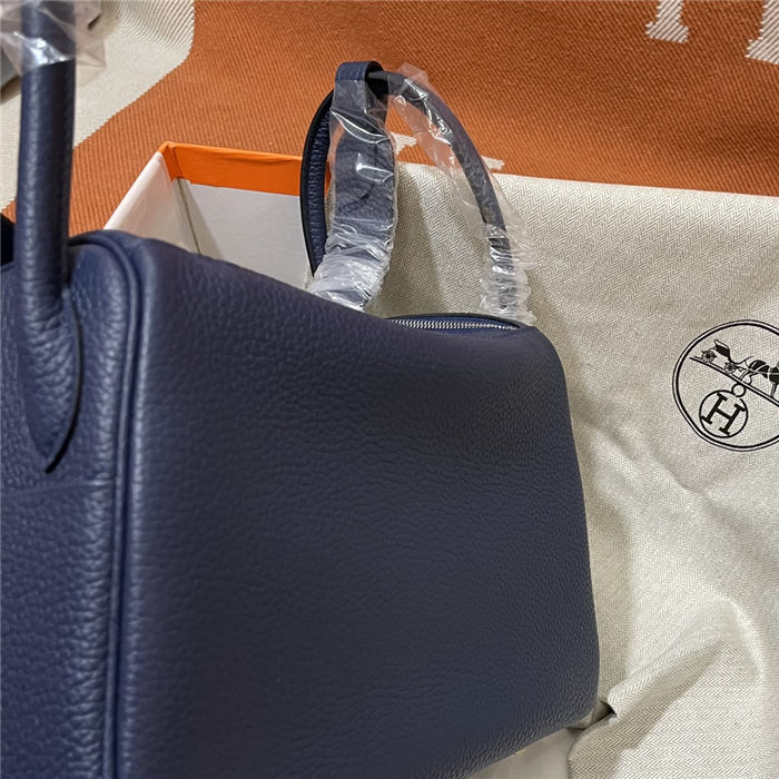 Hermes Lindy 26/30cm Bag Clemence Leather In Navy Silver-Metal WAX High