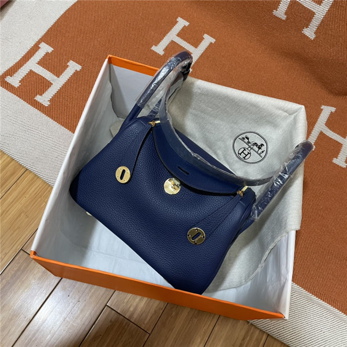 Hermes Lindy 26/30cm Bag Clemence Leather In Navy Gold-Metal WAX High