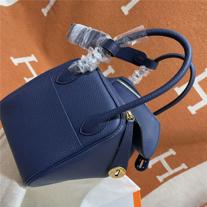 Hermes Lindy 26/30cm Bag Clemence Leather In Navy Gold-Metal WAX High