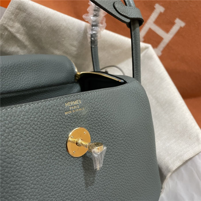 Hermes Lindy 26/30cm Bag Clemence Leather In Grey-Green Gold-Metal WAX High