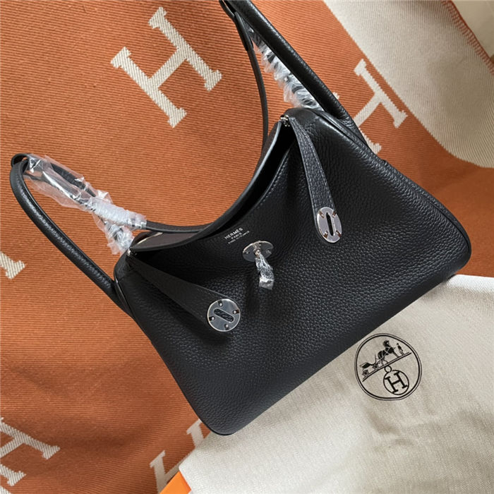 Hermes Lindy 26/30cm Bag Clemence Leather In Black Silver-Metal WAX High