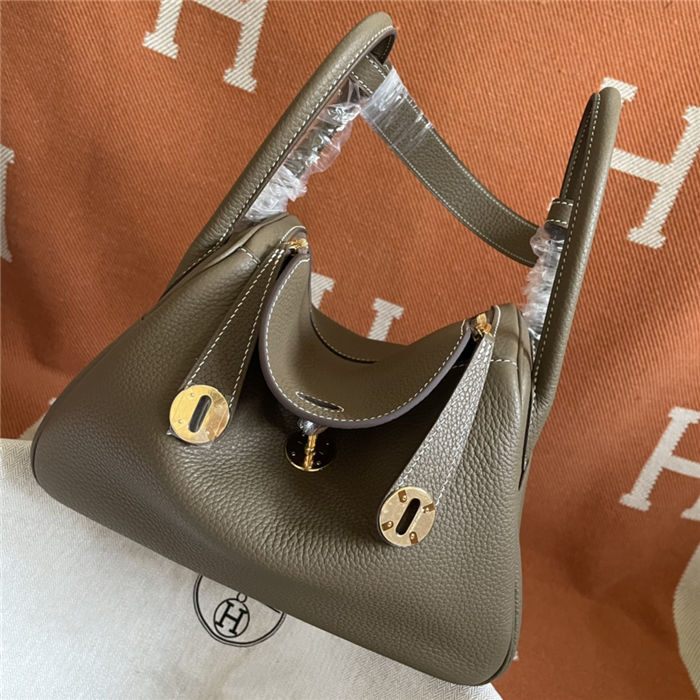 Hermes Lindy 26/30cm Bag Clemence Leather In Etoupe Gold-Metal WAX High