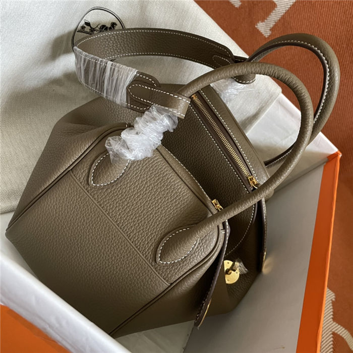 Hermes Lindy 26/30cm Bag Clemence Leather In Etoupe Gold-Metal WAX High