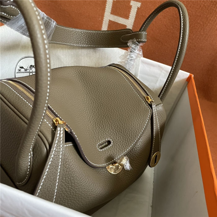 Hermes Lindy 26/30cm Bag Clemence Leather In Etoupe Gold-Metal WAX High