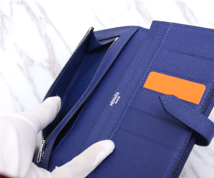 Hermes Bearn Gusset Wallet Epsom Calfskin In Navy High