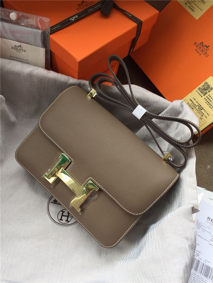 Hermes Mini Constance 18cm/24cm Epsom Bag Silver/Gold Metal Etoupe High