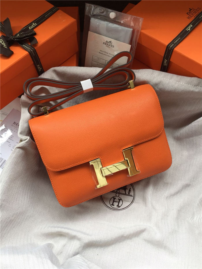 Hermes Mini Constance 18cm/24cm Epsom Bag Silver/Gold Metal Orange High