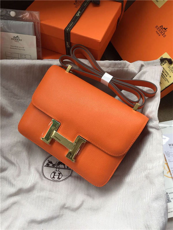 Hermes Mini Constance 18cm/24cm Epsom Bag Silver/Gold Metal Orange High