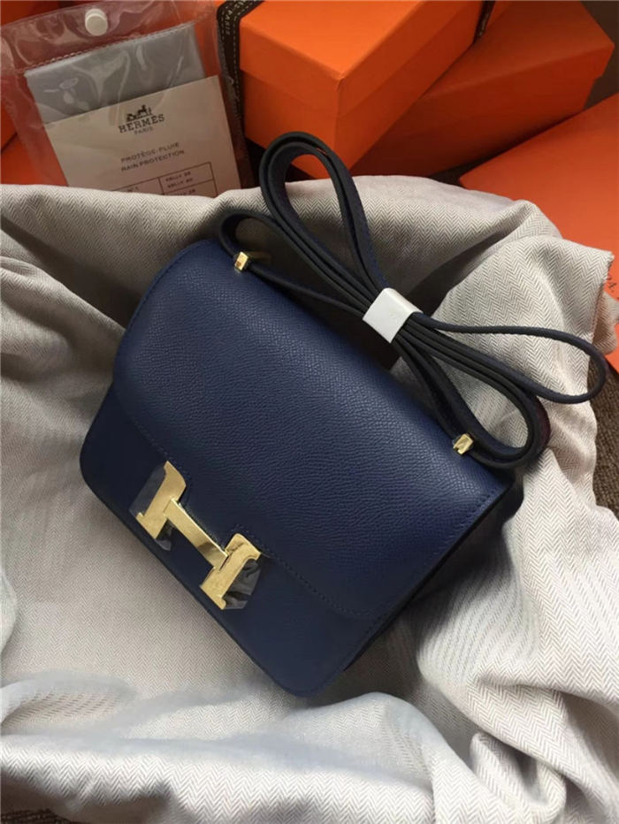 Hermes Mini Constance 18cm/24cm Epsom Bag Silver/Gold Metal Navy High