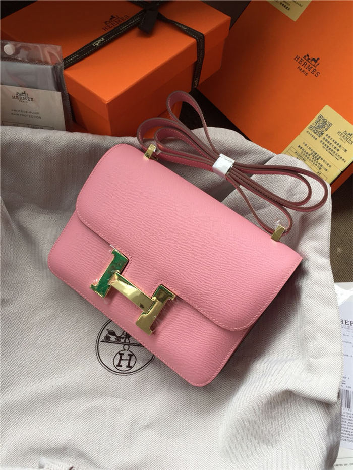 Hermes Mini Constance 18cm/24cm Epsom Bag Silver/Gold Metal Pink High