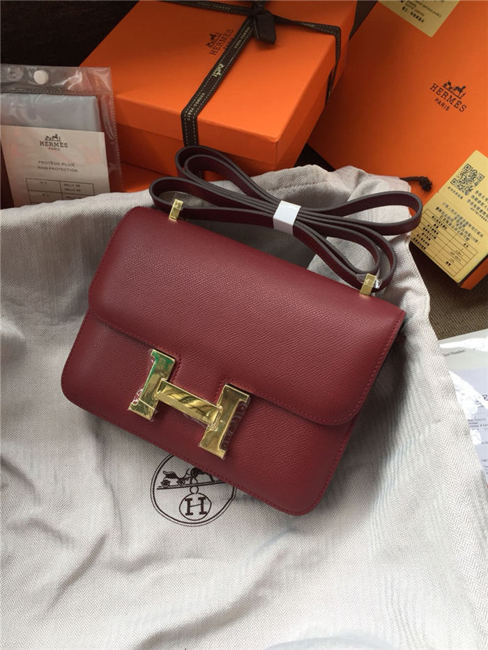 Hermes Mini Constance 18cm/24cm Epsom Bag Silver/Gold Metal Burgundy High