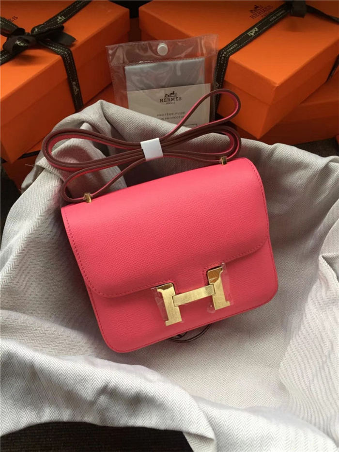 Hermes Mini Constance 18cm/24cm Epsom Bag Silver/Gold Metal Rose Red High